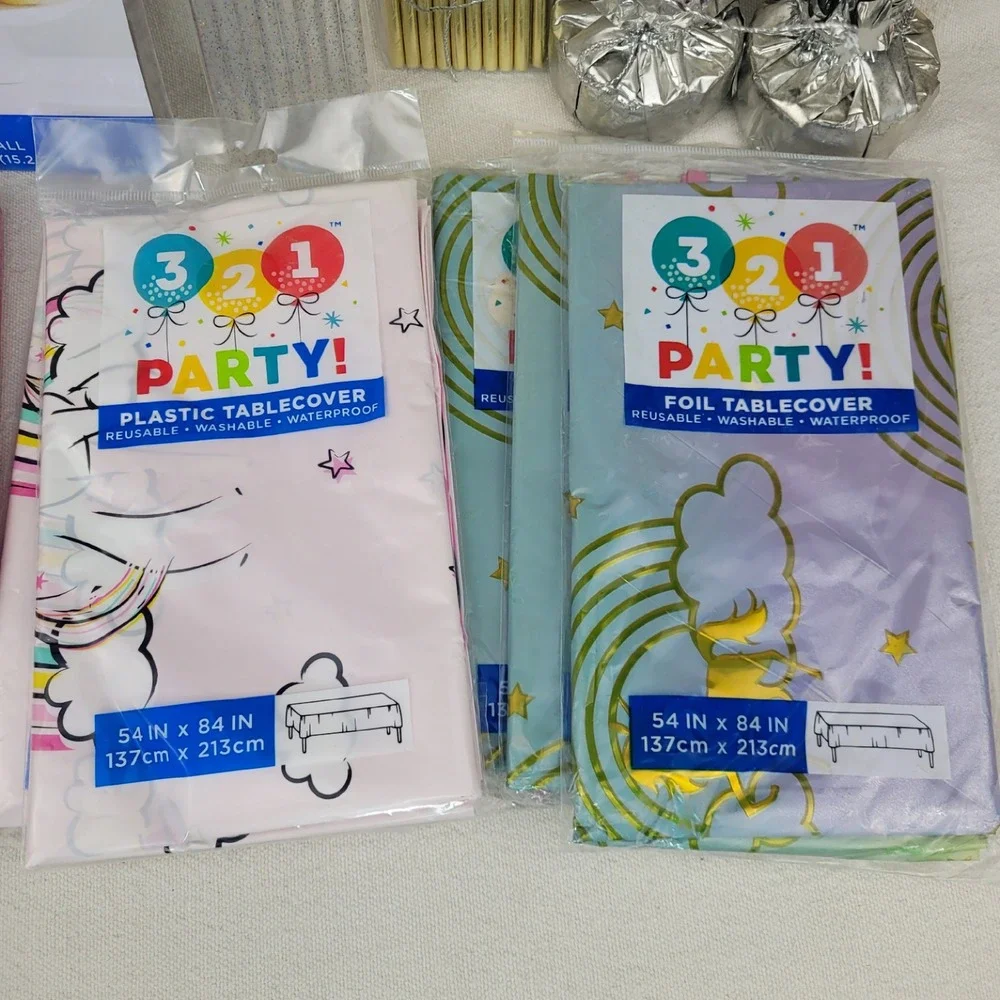3-2-1 Party Supplies Lot Unicorn Tablecloths Pink Napkins Straws Decorations Etc